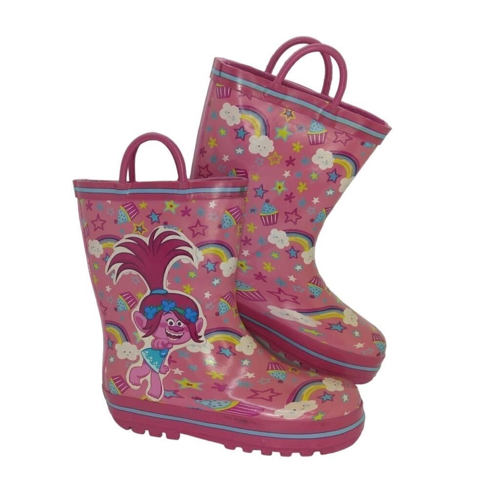 Trolls Poppy Girls Pre-owned Pink w/Graphics Waterproof Rain Boots - sz. 10